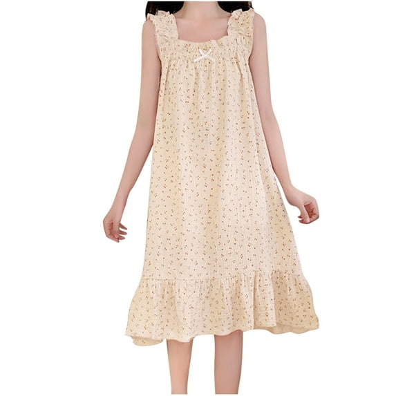 Kaemgyyd Nightgowns for Women Cute Print Sleeveless Square Collar Flowy House Dress Cozy Bow Ruffle Hem Long Nightdress