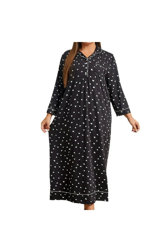 Nightgowns for Women Plus Size Long Sleeve Print Sleepwear Soft Pajama Dress Button down Nightshirt V Neck Loungewear