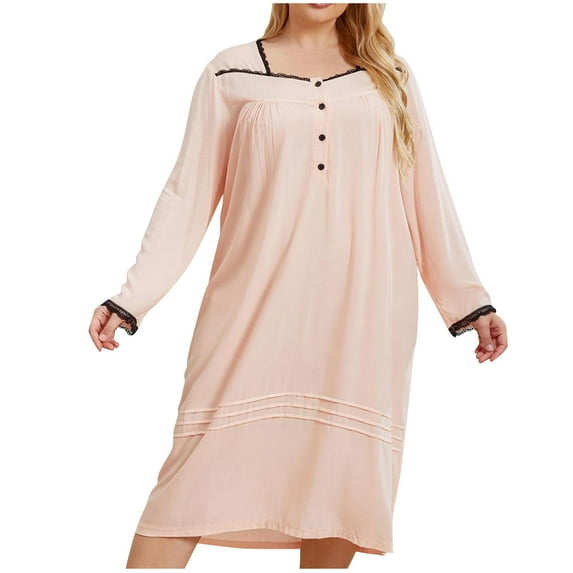 Kaemgyyd Nightgowns for Women Plus Size Square Collar Button Long Sleeve Pajamas Midi Dress Lace Soft Loungewear