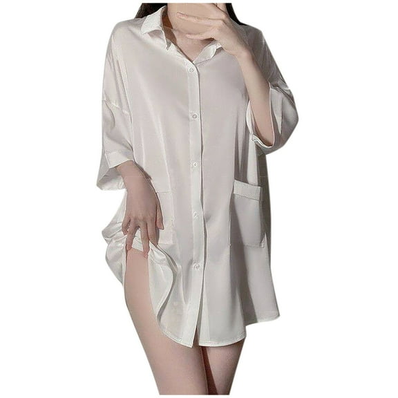 Kaemgyyd Nightgowns for Women Satin Button down Sleepshirt Silk 3/4 Sleeve Boyfriend Loungewear Solid Color Pajamas Mini Dress