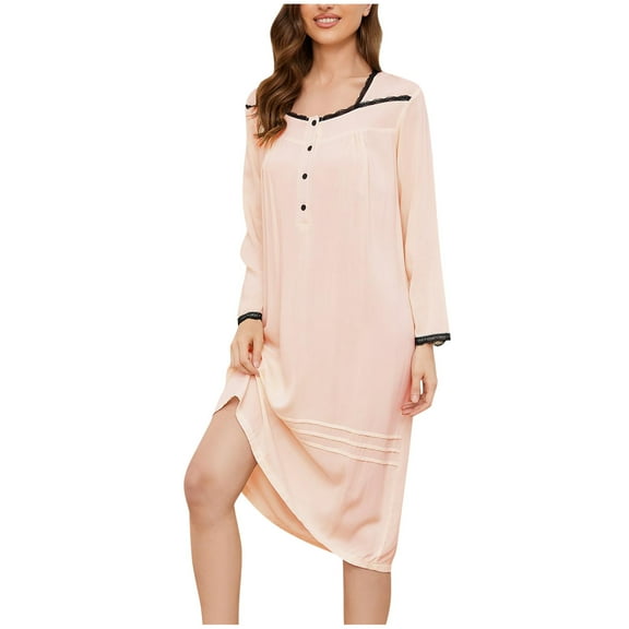 Kaemgyyd Nightgowns for Women Soft Comfy Long Sleeve Lace Sleepwear Square Collar Button Sleep Shirts Loungewear
