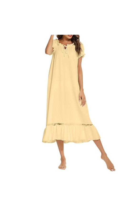 Nightgowns for Women Soft Vintage Tie up Short Sleeve Sleepwear Midi Comfy Ruffles Lace Loungewear Fall 202
