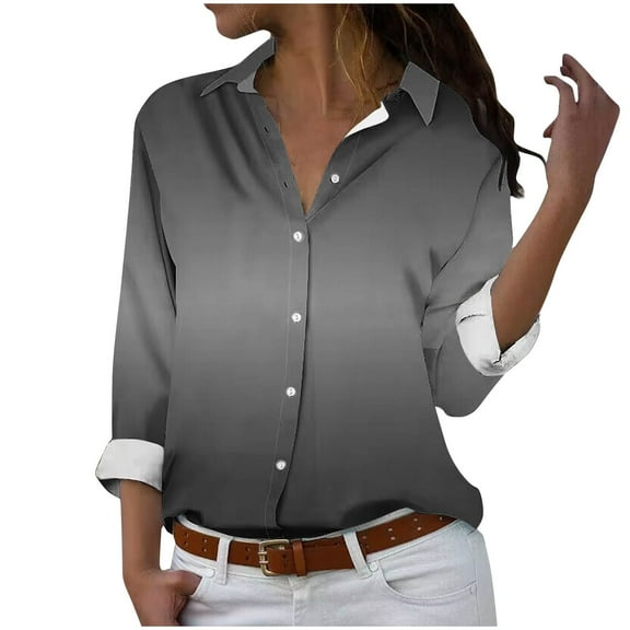 Kaemgyyd Oversized Button down Shirts for Women Roll up Long Sleeve Blouse Gradient Casual Tops Fall Outfit