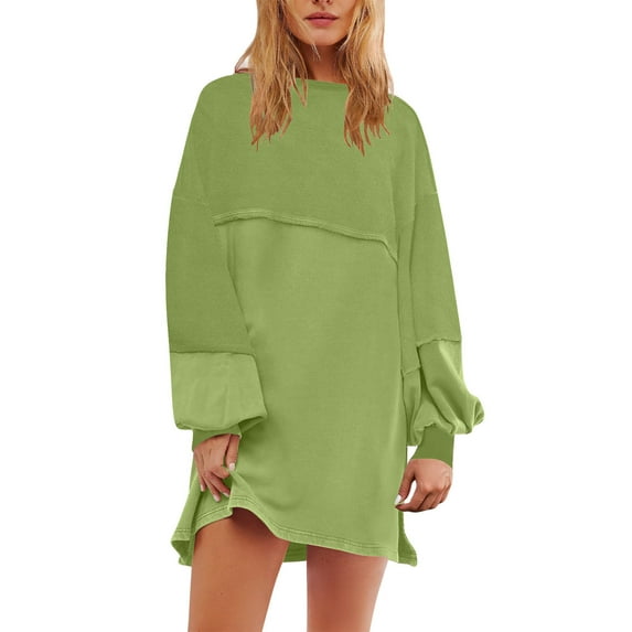 Kaemgyyd Oversized Dresses for Women Casual Solid Puff Long Sleeve Loose Mini Dress 2025 Fall Fashion Crewneck Dress