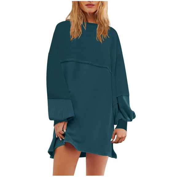 Kaemgyyd Oversized Dresses for Women Casual Solid Long Sleeve Loose Mini Dress Fall Fashion Crewneck Dress