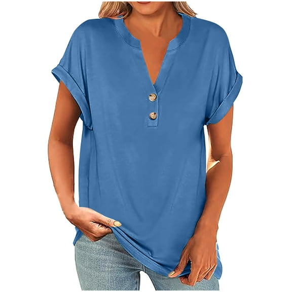Kaemgyyd Oversized Tshirts for Women Breathable Loose Button V Neck Tops Lightweight Roll Short Sleeve Basic Tee