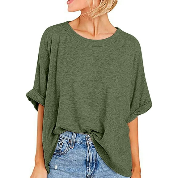Kaemgyyd Oversized Tshirts for Women Casual Crew Neck Rolled up Half Sleeve Tops Summer Loose Fit Solid Color Tee