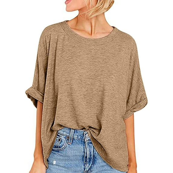 Kaemgyyd Oversized Tshirts for Women Casual Crew Neck Rolled up Half Sleeve Tops Summer Loose Fit Solid Color Tee