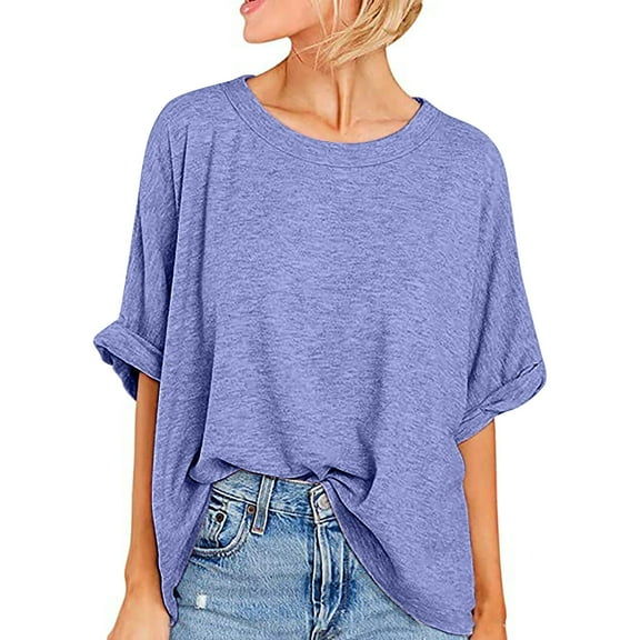 Kaemgyyd Oversized Tshirts for Women Casual Crew Neck Rolled up Half Sleeve Tops Summer Loose Fit Solid Color Tee