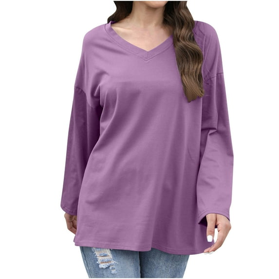 Kaemgyyd Oversized Tshirts for Women Loose Fit Solid Color Basic Tee Fall Trendy Clothes Casual Long Sleeve V Neck Tops