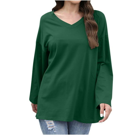 Kaemgyyd Oversized Tshirts for Women Loose Fit Solid Color Basic Tee Fall Trendy Clothes Casual Long Sleeve V Neck Tops