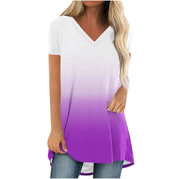Kaemgyyd Oversized Tshirts for Women Plus Size Loose Short Sleeve Gradation Tunics Tee Flowy V Neck Summer Casual Tops