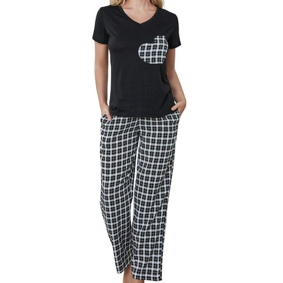 Kaemgyyd Pajama Sets for Women 2 Piece Set Short Sleeve V Neck Tops with Long Printed Pants Lounge Pj Sets Sleepwear