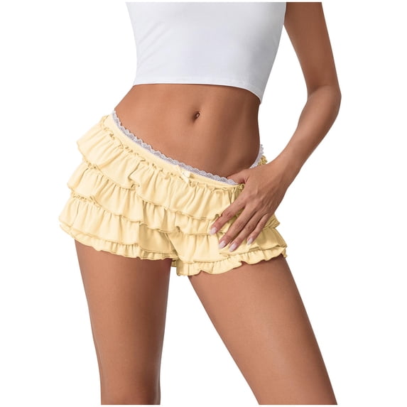 Kaemgyyd Pajama Shorts for Women Cute Lounge Bow Ruffle Hem Layered Hot Pants Stylish Lace Elastic Waist Mini Pj Bottoms Sleepwear