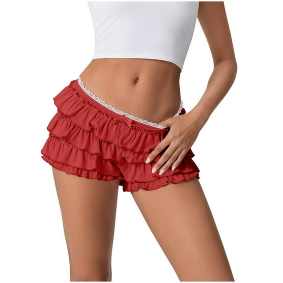 Kaemgyyd Pajama Shorts for Women Cute Lounge Bow Ruffle Hem Layered Hot Pants Stylish Lace Elastic Waist Mini Pj Bottoms Sleepwear