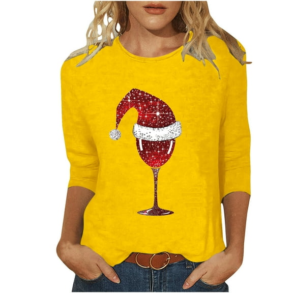 Kaemgyyd Pajama Tops for Women Christmas Print 3/4 Sleeve Casual Loose Shirt Soft Comfy Crew Neck Sleepwear for Women