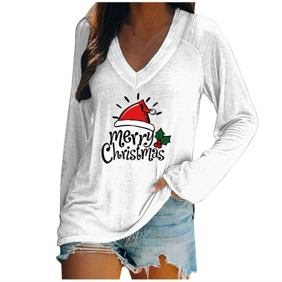 Kaemgyyd Pajama Tops for Women Loose Soft Christmas Print V Neck Shirt Fashion Long Sleeve Pj Basic Tee