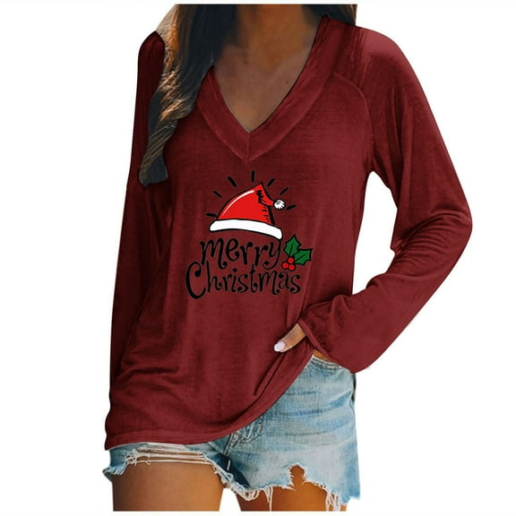 Kaemgyyd Pajama Tops for Women Loose Soft Christmas Print V Neck Shirt Fashion Long Sleeve Pj Basic Tee