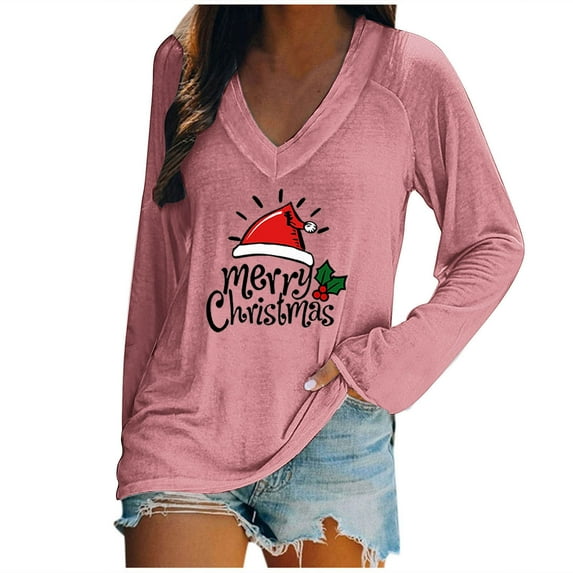 Kaemgyyd Pajama Tops for Women Loose Soft Christmas Print V Neck Shirt Fashion Long Sleeve Pj Basic Tee