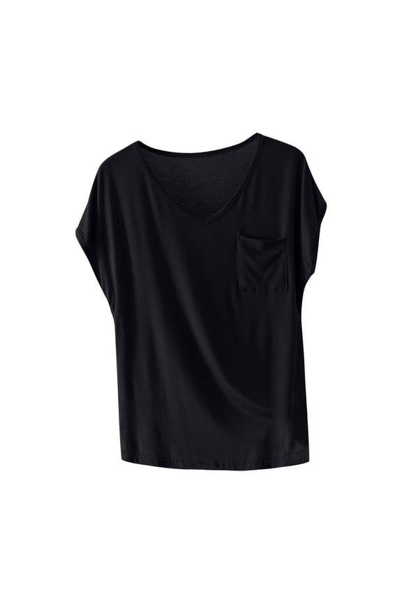 Pajama Tops for Women Lounge V Neck Solid Color Basic Tees Loose Fit Short Sleeve Summer Basic Tee with Pocket