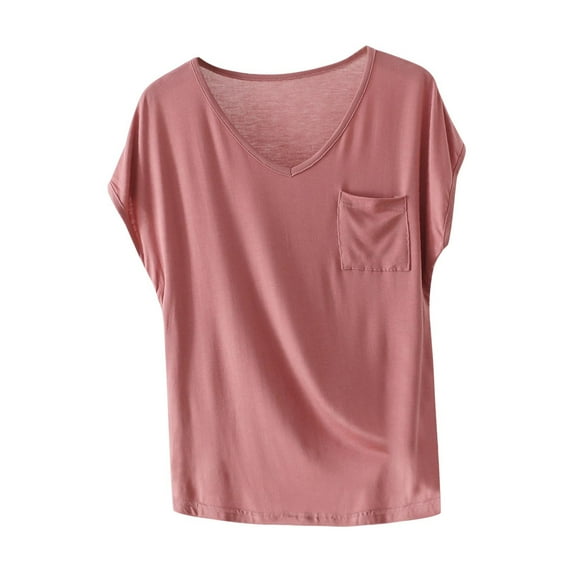 Kaemgyyd Pajama Tops for Women Lounge V Neck Solid Color Basic Tees Loose Fit Short Sleeve Summer Basic Tee with Pocket