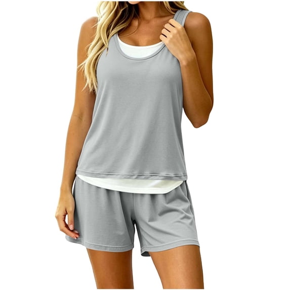 Kaemgyyd Pajamas Set for Women Color Block Lounge Sets Crew Neck Tank Top with Shorts Soft Comfy Sleepwear(Gray,XX-Large)