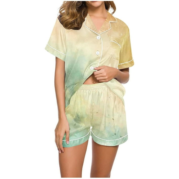 Kaemgyyd Pajamas Set for Women Short Sleeve Color Block Sleepwear Soft Button down Notch Collar Pjs Set Nightwear Lounge Sets