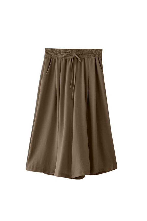 Palazzo Capri Pants for Women Elastic Waist Wide Leg Cropped Beach Pants Loose Flowy Solid Color Drawstring Trousers