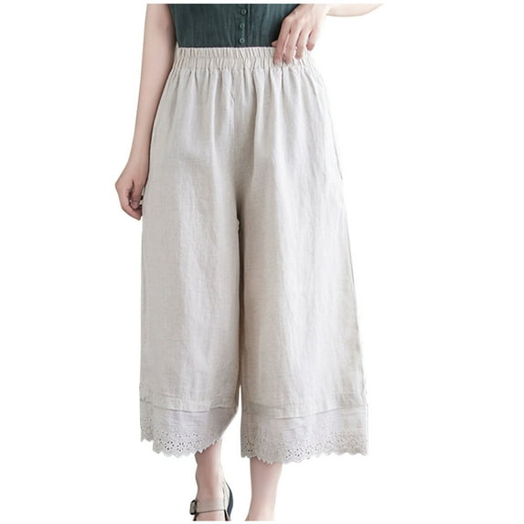Kaemgyyd Palazzo Pants for Women Capri Wide Leg Cotton Linen Cropped Trousers Lace Elastic High Waist Beach Capris with Pockets