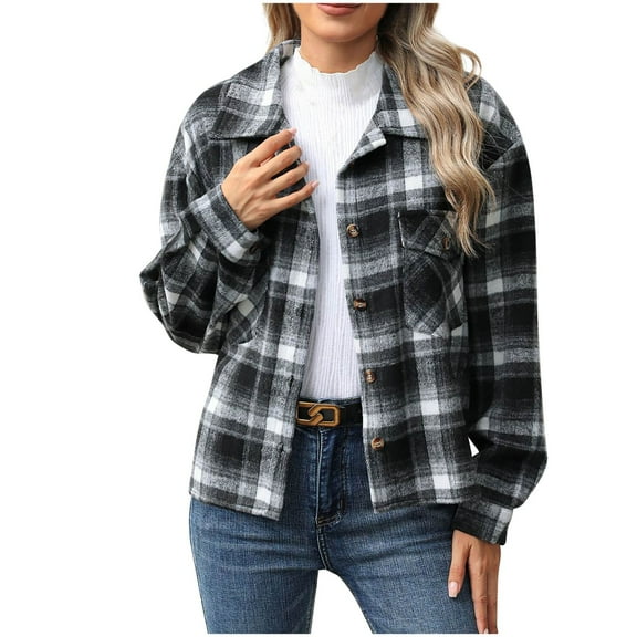 Kaemgyyd Plaid Jacket Shacket for Women Casual Loose Long Sleeve Button down Lapel Pocketed Coat Fashion Fall Outwear