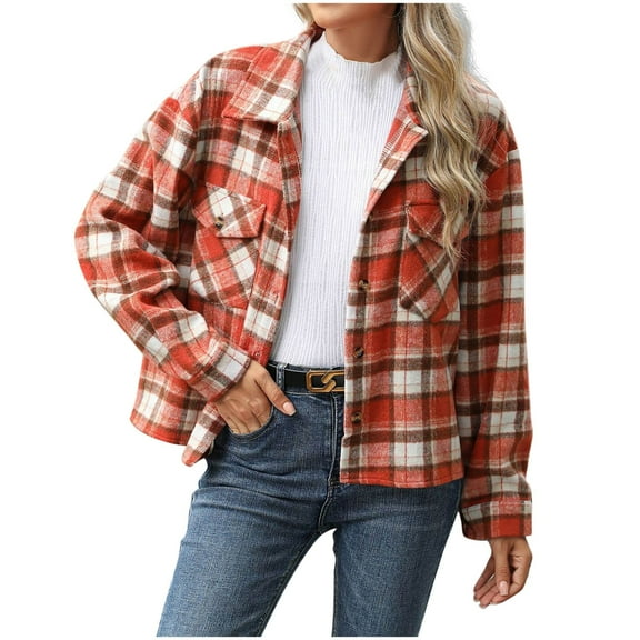 Kaemgyyd Plaid Jacket Shacket for Women Casual Loose Long Sleeve Button down Lapel Pocketed Coat Fashion Fall Outwear