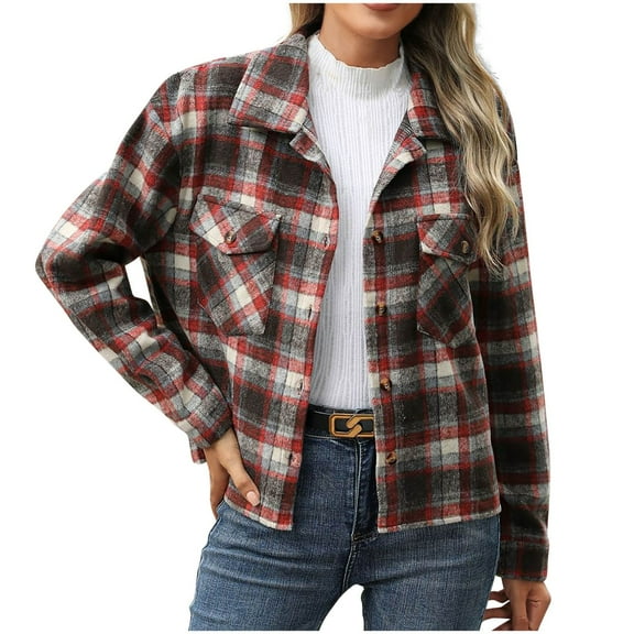 Kaemgyyd Plaid Jacket Shacket for Women Casual Loose Long Sleeve Button down Lapel Pocketed Coat Fashion Fall Outwear
