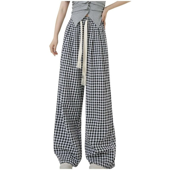 Kaemgyyd Plaid Pants for Women Fashion Vintage Goth Trousers Casual Baggy Drawstring Wide Leg Pants Fall Streetwear