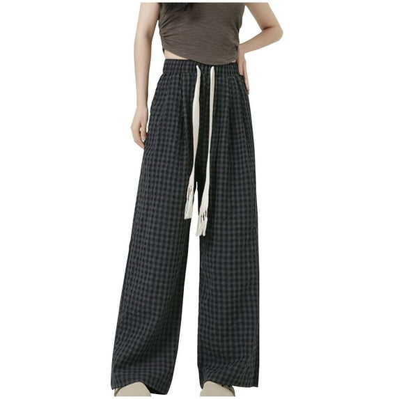 Kaemgyyd Plaid Pants for Women Fashion Vintage Goth Trousers Casual Baggy Drawstring Wide Leg Pants Fall Streetwear