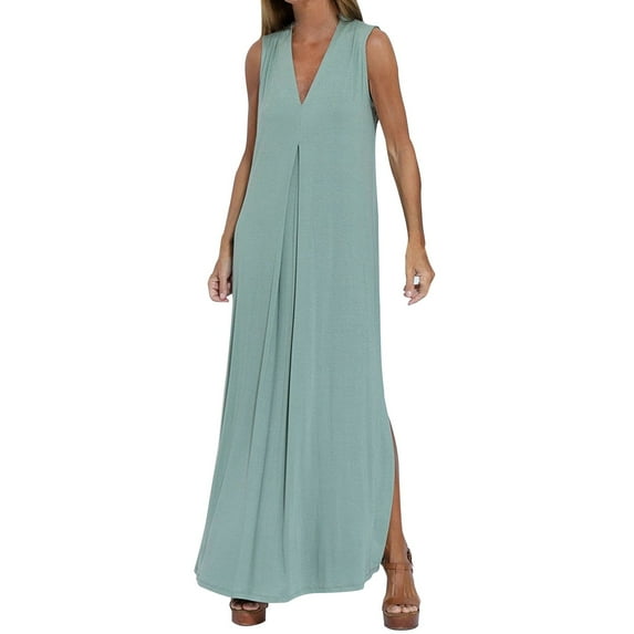 Kaemgyyd Plus Size Maxi Dress for Women Sleeveless V Neck Long Casual Dress Solid Color Side Split Flowy Dress