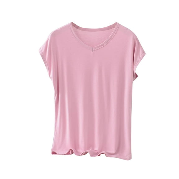 Kaemgyyd Plus Size Pajama Top for Women Soft Cozy Solid Color V Neck Pj Shirt Sleepwear Summer Short Sleeve Tee
