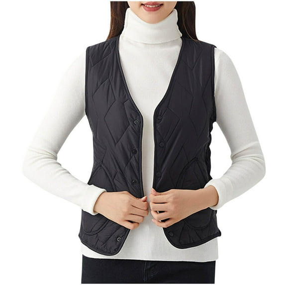 Kaemgyyd Plus Size Puffer Vest Women Lightweight Padded Jackets Coats Warm Sleeveless Button down V Neck Outerwear with Pockets