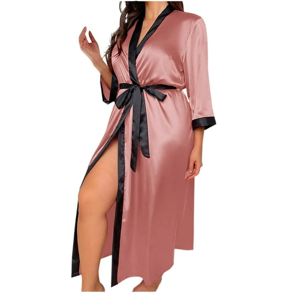 Kaemgyyd Plus Size Satin Robes for Women Soft Silk Kimono Long Bathrobe Lightweight 3/4 Sleeve Sleepwear Loungewear