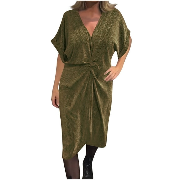 Kaemgyyd Plus Size Sequin Dresses for Women Twist Front Wedding Guest Dress Sparkly Glitter V Neck Half Sleeve Formal Dresses