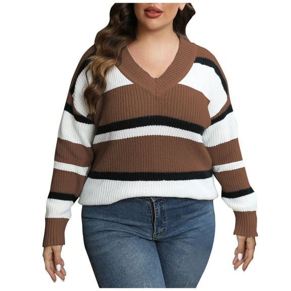 Kaemgyyd Plus-Size Sweater for Women Cute Color Block Long Sleeve V Neck Knite Pullover Soft Stylish Going out Tops