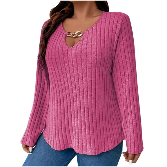 Kaemgyyd Plus Size Sweaters for Women Trendy Fashion Long Sleeve V Neck Knit Ribbed Pullover Tops Oversized Fall Clothing