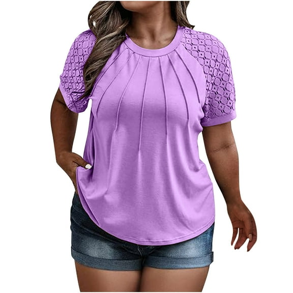 Kaemgyyd Plus Size Tops for Women Casual Short Sleeve Pleated Dressy Blouse Trendy Hollow out Loose T-Shirts Work Outfits