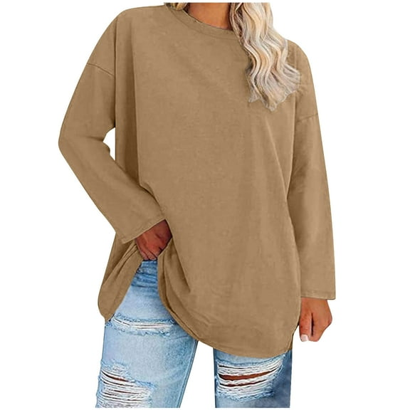 Kaemgyyd Plus Size Tops for Women Casual Solid Color Long Sleeve Shirts Loose Crewneck Oversized Pajama Tunic Tee