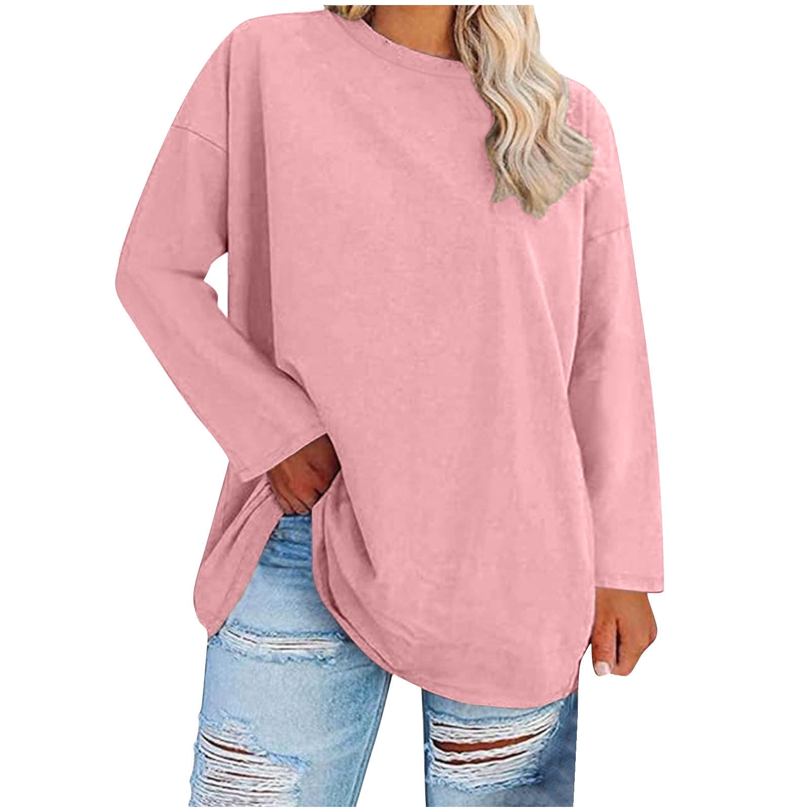 Kaemgyyd Plus Size Tops for Women Casual Solid Color Long Sleeve Shirts ...