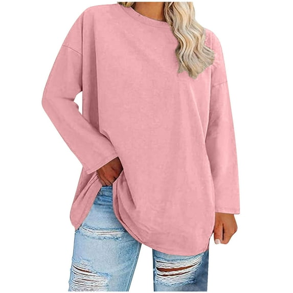 Kaemgyyd Plus Size Tops for Women Casual Solid Color Long Sleeve Shirts Loose Crewneck Oversized Pajama Tunic Tee