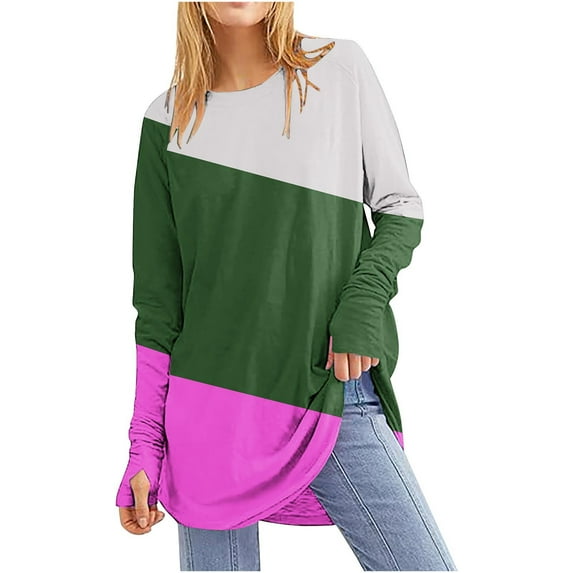 Kaemgyyd Plus Size Tops for Women Color Block Soft Comfy Tunic Tee Casual Loose Long Sleeve Crew Neck Shirt with Thumb Hole
