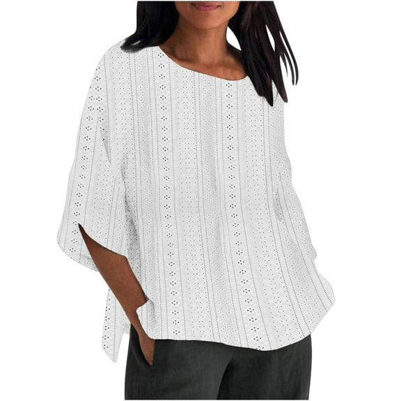Kaemgyyd Plus Size Tops for Women Spring Hollow out Crew Neck Flowy Shirt Causal 3/4 Sleeve Side Slit Loose Fit Blouse