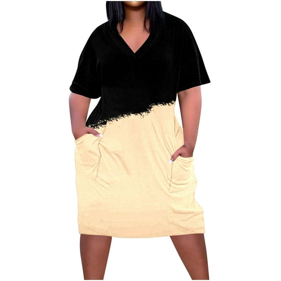 Kaemgyyd Plus Size Womens Shirt Dress Short Sleeve Color Block Dresses with Pocket Casual Loose Crew Neck Midi Dress