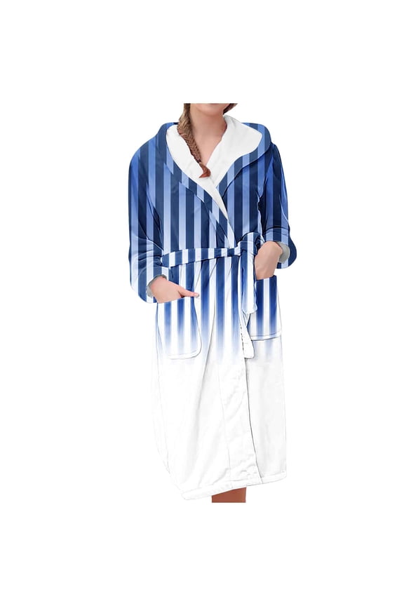 Plush Robes for Women Soft Warm Fleece Stripe Printing Bathrobe with Pockets Comfy Long Sleeve Midi Loungewear