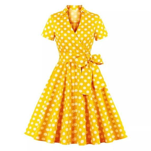Kaemgyyd Polka Dot Dress for Women Vintage Short Sleeves 1950s Dress Cute A-Line Bow Belt Cocktail Dress for Party Fall